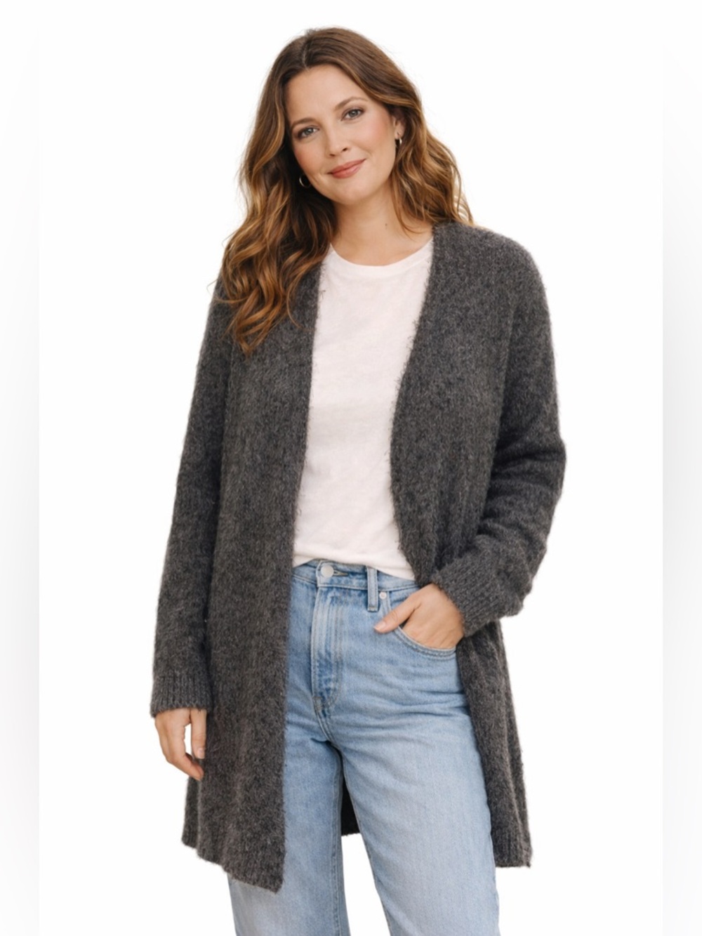 POL Fuzzy Gray‎ Eyelash Knit Long Cardigan Cozy Winter Medium